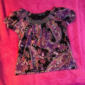 Apt. 9 Women's Paisley Top in Purple Black Orange and Yellow w/ beaded neckline